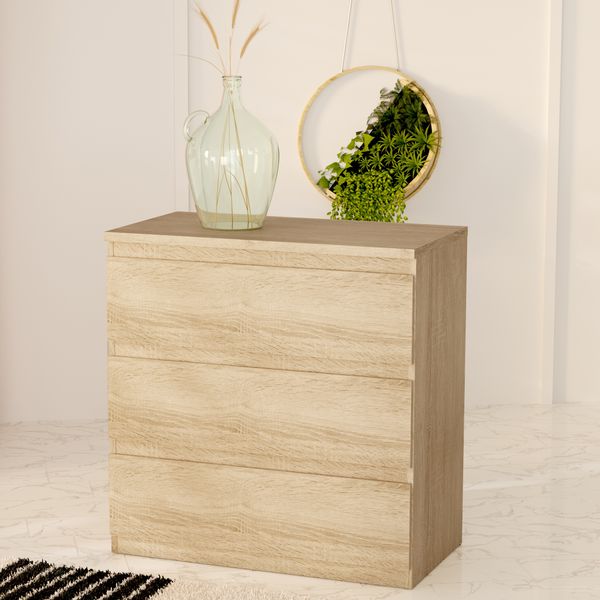 Forte EDMORE Kommode 70 80, moderne Kommode mit 3 Schubladen, Holzwerkstoff, Sonoma Eiche Holzdekor, 77,2 cm breit x 79,8 cm hoch x 42,2 cm tief