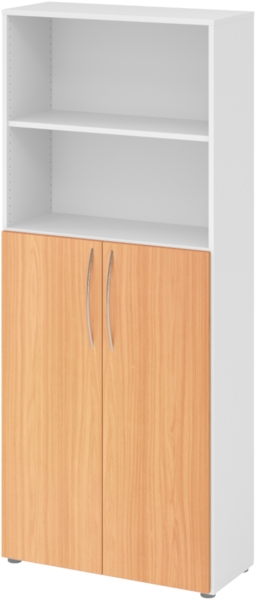 bümö Mehrzweckschrank 80cm breit, Aktenschrank o. Schuhschrank hoch, Regal Schrank-Kombi, Küchenschrank in Weiß/Buche aus Holz, Vorratsschrank & Haushaltsschrank mit Metallgriffen, 4770-W-6-BM