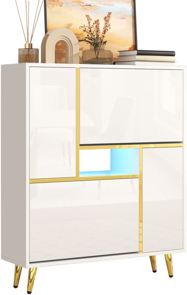 Schuhschrank B 80 x T 25 x H 96 cm aus Spanplatte, Weiß matt mit Hochglanzfront, LED & Golddetails Bild 6