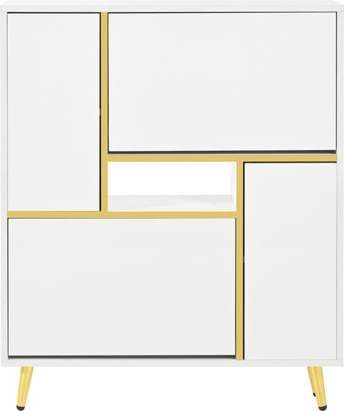 Schuhschrank B 80 x T 25 x H 96 cm aus Spanplatte, Weiß matt mit Hochglanzfront, LED & Golddetails Bild 4
