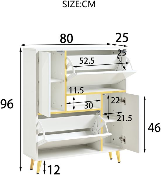 Schuhschrank B 80 x T 25 x H 96 cm aus Spanplatte, Weiß matt mit Hochglanzfront, LED & Golddetails Bild 5