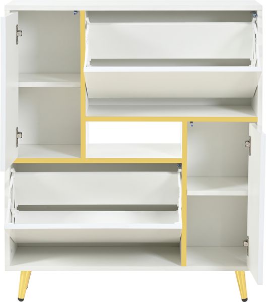Schuhschrank B 80 x T 25 x H 96 cm aus Spanplatte, Weiß matt mit Hochglanzfront, LED & Golddetails Bild 2