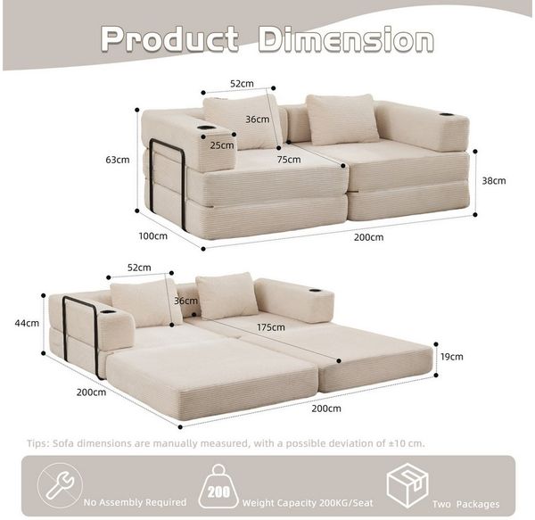 Leawin Sofa Sofas Wohnzimmer, Schlafsofa aus Cord mit Bettfunktion, Faltbares Bodensofa mit Liegefunktion für kleine Räume