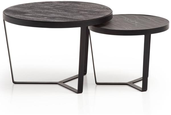 Couchtisch 2er Set Akazie Massivholz Steinoptik Rund Metallgestell Modern Schwarz Anthrazit