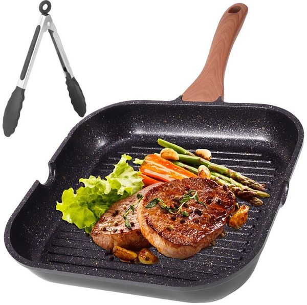 BlingBin Grillpfanne Antihaft Steakpfanne mit Griff, Quadratische Pfanne für Induktion, Aluminiumlegierung (1er Set, 1-tlg, 48*29,5*4,5cm), Omlettenpfanne Pfanne mit Lebensmittelclips für Alle Herdarten