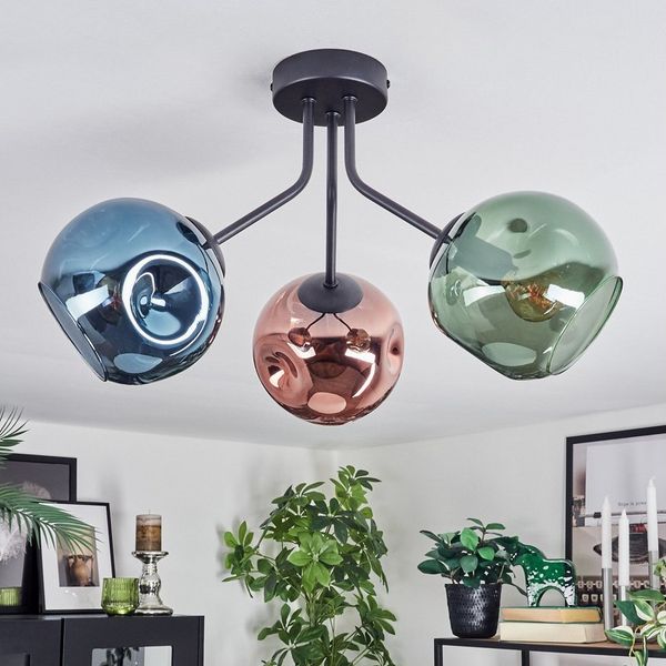 hofstein Deckenleuchte Deckenlampe aus Metall/Glas in Schwarz/Kupferfarben/Blau/Grün, Deckenleuchte im Retro/Vintage-Design (Schirme Ø 15 cm), 3 x E14