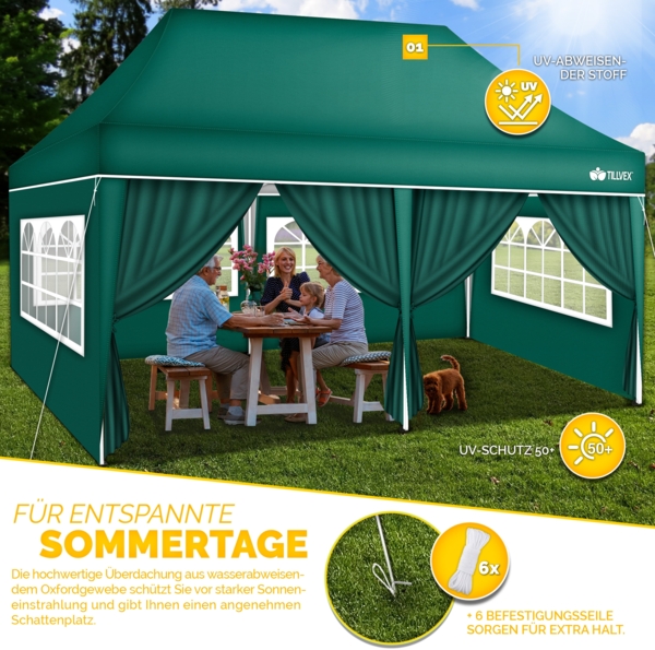 tillvex Pavillon 3x6m - mit 6 Seitenwänden Grün wasserdicht | Pop-Up Faltpavillon höhenverstellbar | Gartenzelt UV Schutz 50+ | Partyzelt mit Tasche für Garten Bild 8