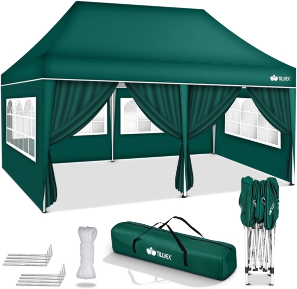 tillvex Pavillon 3x6m - mit 6 Seitenwänden Grün wasserdicht | Pop-Up Faltpavillon höhenverstellbar | Gartenzelt UV Schutz 50+ | Partyzelt mit Tasche für Garten Bild 6