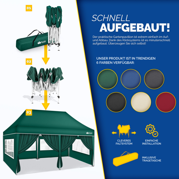 tillvex Pavillon 3x6m - mit 6 Seitenwänden Grün wasserdicht | Pop-Up Faltpavillon höhenverstellbar | Gartenzelt UV Schutz 50+ | Partyzelt mit Tasche für Garten Bild 9