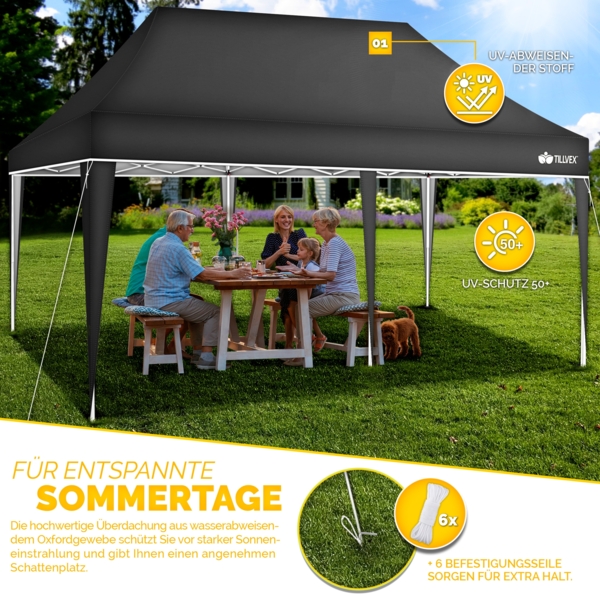 tillvex Pavillon 3x6m - mit 6 Seitenwänden Grün wasserdicht | Pop-Up Faltpavillon höhenverstellbar | Gartenzelt UV Schutz 50+ | Partyzelt mit Tasche für Garten Bild 4