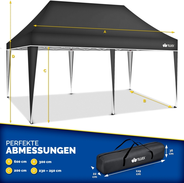 tillvex Pavillon 3x6m - mit 6 Seitenwänden Grün wasserdicht | Pop-Up Faltpavillon höhenverstellbar | Gartenzelt UV Schutz 50+ | Partyzelt mit Tasche für Garten Bild 2