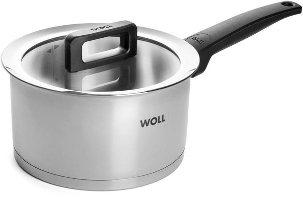 WOLL Stieltopf Concept Premium-Edelstahl 18/10 Ø 18 cm 2,5 L Alu‑Kapselboden Induktion Alle Herdarten bis 200 °C Glasdeckel mit Schüttrand & Messskala Spülmaschinenfest