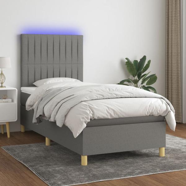 vidaXL Boxspringbett mit Matratze & LED Dunkelgrau 90x190 cm Stoff, Härtegrad: H2 [3135558]