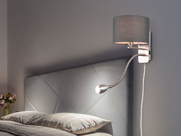 LED Wandleuchte mit Leselampe, Schalter & Stecker, Stoffschirm Grau, Höhe 23,5cm