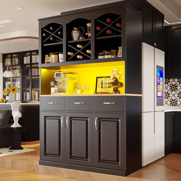 Sideboard 120×40×180 cm Schwarz mit LED-Beleuchtung, Schubladen & verstellbaren Böden, Küchen- und Wohnschrank Aufbewahrung