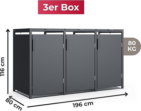 3er Mülltonnenbox für 240 l in Anthrazit - Premium Verkleidung Wetterfest & Korrosionsbeständig - Storage Cabinet Möbelschrank mit Gasdruckdämpfer Soft-Close Deckelseilzug Magnetverschluss Bild 3