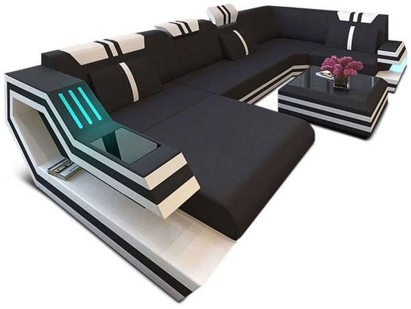 Stoff-Wohnlandschaft Ravenna U-Form LED - Mikrofaserstoff - Schwarz-Weiß - Links