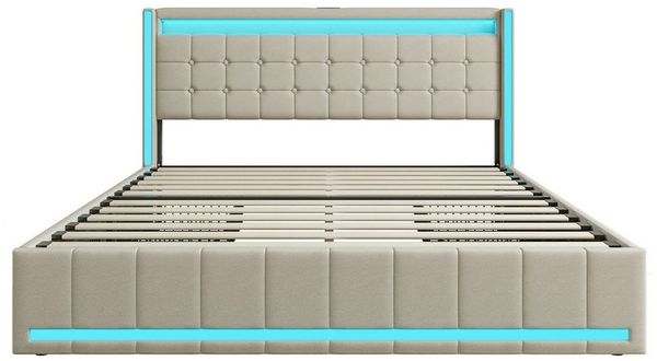 PXloue Polsterbett LED Doppelbett 140x200 cm (Inklusive USB-Typ-C-Ladeanschluss), Stauraumbett,mit Bettrahmen und 4 Schubladen,140x200cm,Leinen