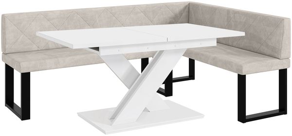 MEBLINI Eckbank für Esszimmer mit ausziehbarem Tisch - Küchenbank - Essecke - Sitzecke Küche - ERIC - U-Beine 142x196x87cm Rechts - Beige Samt/B Weiß Matt