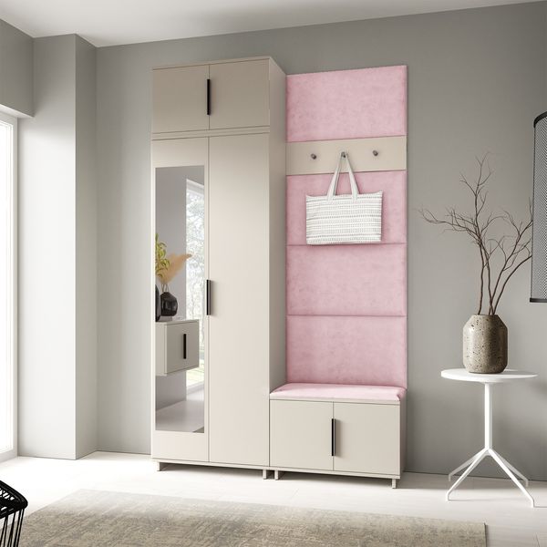 Garderoben-Set Napoli Version 4: Kleiderschrank mit Polsterpaneelen, Schuhschrank Flur und Eingangsbereich (Cashmere/Trinity 19), 229 x 40 x 140 cm