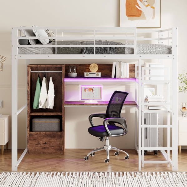 Bett 140x200 cm Hochbett mit Schreibtisch und LED-Beleuchtung – Weiß, Metall/MDF