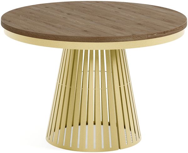 MEBLINI Esstisch Rund Ausziehbar aus Metall - 120-196x76 cm - CONEY - Davos Eiche/Golden - Loft - Esszimmertisch Modern - Küchentisch - Ausziehtisch - Round Dining Table