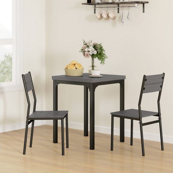 HOMCOM Essgruppe, (Esstisch mit 2 Stühlen, 3-tlg, Sitzgruppe), Esszimmergruppe mit Metallgestell Grau