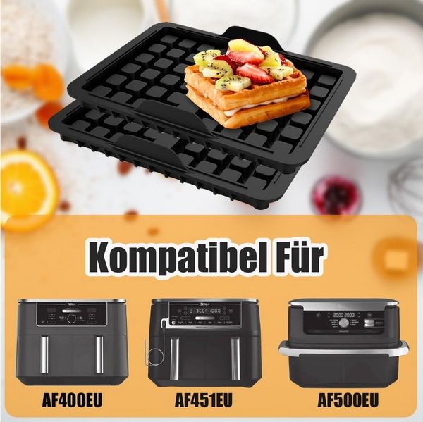 FOUORTUNATE-BEE Backform Waffelform für Ninja Airfryer, Heißluftfritteuse zubehör (2 Stück), (mit Ninja AF400EU, AF451EU, SL400EU, und AF500DE, Doppelt Backschaleneinsatz aus Silikon, Belgische Waffeleisen Silikon Zubehör)