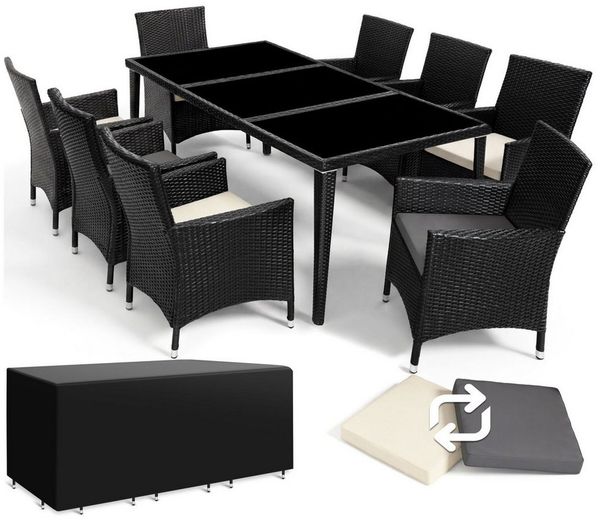 tectake Sitzgruppe Aluminium Rattan Gartenlounge mit Bezügen, inklusive Schutzhülle, (Loungeset Menorca, 9-tlg, für Außen in Schwarz), wetterfest und UV-beständig, mit Sicherheitsglasplatten, pflegeleicht