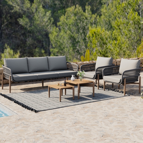 Merax Garten Loungesessel Set, Gartenmöbel Set mit bequemen Kissen, 3er Sofa, 2 Sessel und 2 Couchtische, Outdoor, WPC Tischplatte, Holzmaserung Lack, verzinkter Stahl, grau