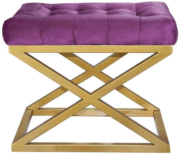 Atelier Del Sofa Stylish Pouffe with Metal Frame, 50 x 42 x 40 cm | 100% Polyester Babyface, Grey with Gold & Purple Accents | Perfect for Modern Living Spaces