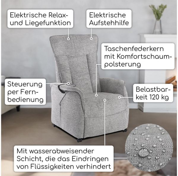 Raburg TV-Sessel Fernsehsessel mit Aufstehhilfe, Relaxsessel mit Liegefunktion, Marie, elektrisch mit Fernbedienung, 2 Motoren, bis 120 kg Bild 2