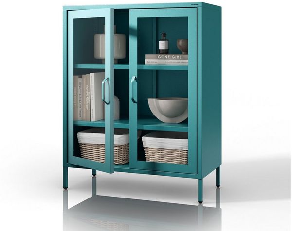 Jan Nowak 2-türiger Vitrinenschrank - GINA | 2 verstellbare Ablagen, Gehärtetes Glas, Wandmontage | Glasvitrine Stehend, Vitrine Glas, Wohmzimmerschrank Glitzernd | 80 x 101,5 x 40 cm | Marine