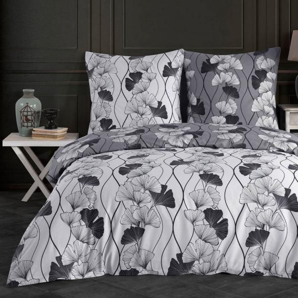 Buymax Bettwäsche Cornelia, Renforce: 100% Baumwolle, 3 teilig, 200x220 cm, mit Reißverschluss, Bettbezug-Set, Blumen, Grau, Schwarz