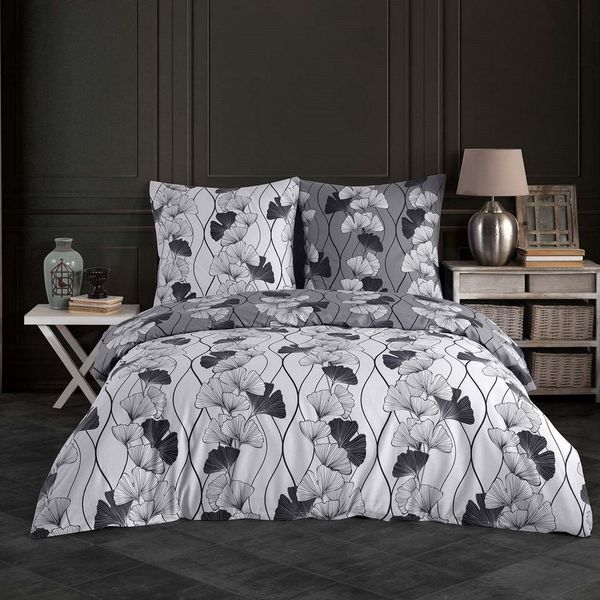 Buymax Bettwäsche Cornelia, Renforce: 100% Baumwolle, 3 teilig, 200x220 cm, mit Reißverschluss, Bettbezug-Set, Blumen, Grau, Schwarz