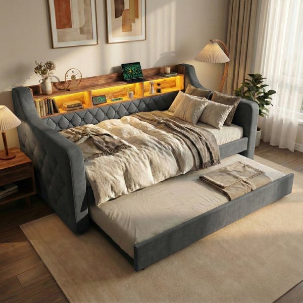 LVHOM Polsterbett 90x190cm, Schlafsofa mit Ausziehbett, Sofabett mit LED-Beleuchtung, USB-C-Anschluss und Ablagefächern, Kinderbett, Einzelbett, Samtstoff Grau