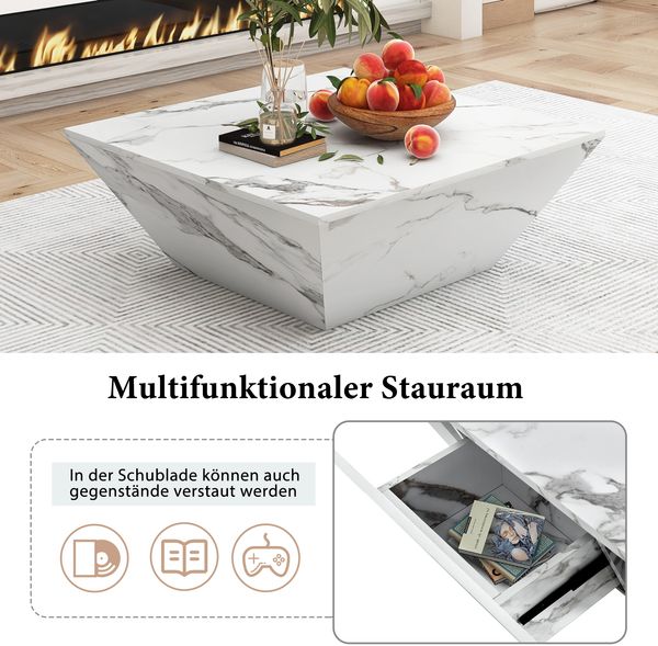 Couchtisch 70 x 70 x 37 cm mit 2 Schubladen, MDF in Weiß, Marmormuster, trapezförmiges Design Bild 9