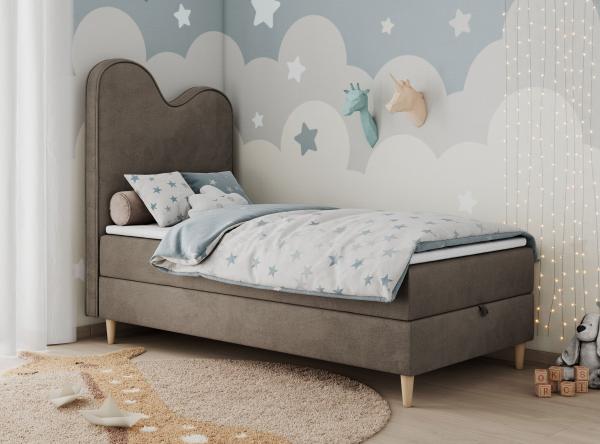 Kinderbett FLOW, Boxspringbett für Kinder, mit hohem Kopfteil, Einzelbett mit Matratze - 90x160 - Braun Velours - Topper T25