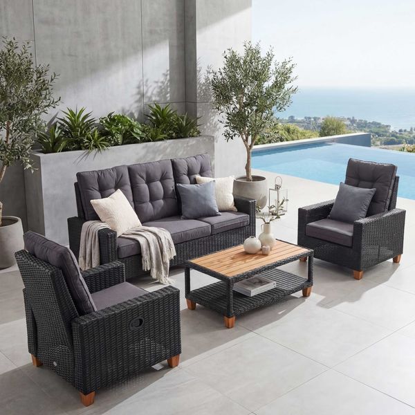 Gartengarnitur HWC-G28, Sitzgruppe Lounge-Set, Akazie Holz halbrundes Rattan verstellbar MVG ~ anthrazit, Kissen grau