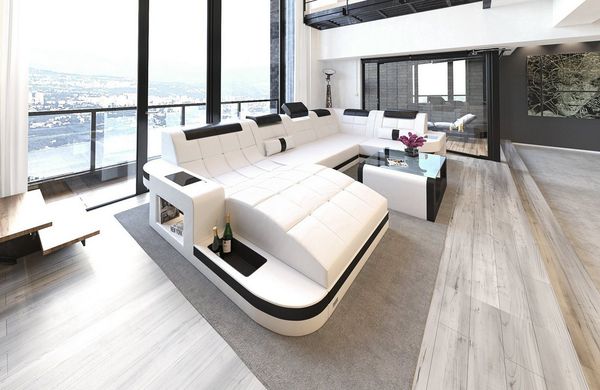 Sofa Dreams Wohnlandschaft Leder Ledercouch Sofa Wave U Form Ledersofa, Couch, mit LED, wahlweise mit Bettfunktion als Schlafsofa, Designersofa