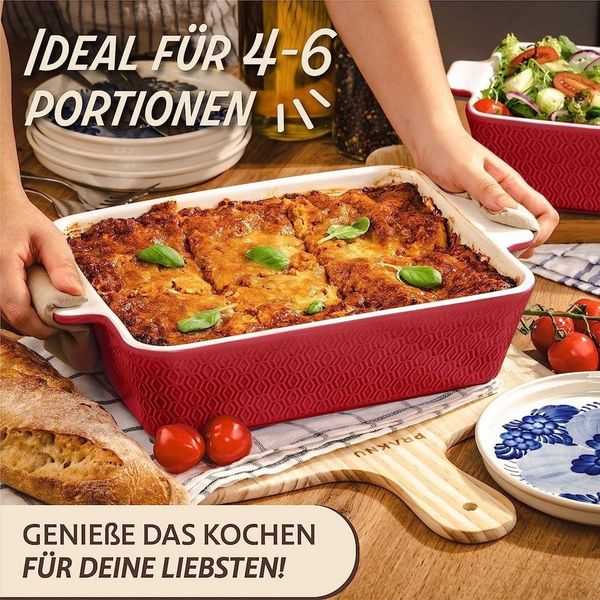 Praknu Auflaufform Auflaufform Rot 28cm Keramik – Backofen 280°C & Mikrowelle, Porzellan - Keramik, (1-St), Für 4 Personen Lasagne, Tiramisu & Auflauf - Hoher Rand - Rechteckig