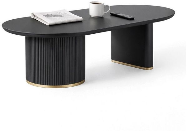 HOOZ Wohnzimmertisch Couchtisch Modern Oval 130x70 cm Schwarz – Tischplatte 4 cm stark (Einzelprodukt, 1-St, 1× Couchtisch), Tisch mit geriffeltem Gestell & goldfarbenem Ring am Sockel