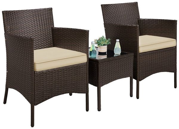 Yaheetech Balkonset, Gartenmöbel-Set 3-teilig. inkl. 2 Stühle mit Sitzkissen & Tisch