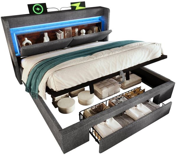 SeedWave Polsterbett LED Stauraumbett mit Leinenbezug, Ladefunktion, 90/140/160/180×200cm, Hydraulisches Bett mit gepolstertem Kopfteil, Rollen-Schublade