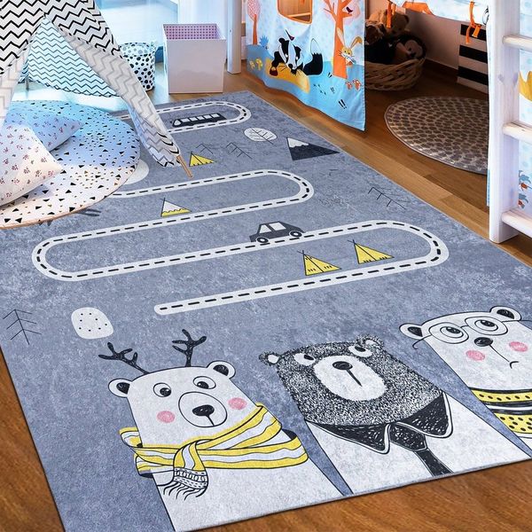 Mazovia Kinderteppich Kinderteppich Kinderzimmerteppich Straße Straßenteppich, 80 x 150 cm, Kurflor, Waschbar in Waschmaschine, Höhe 5 mm, Rutschfest