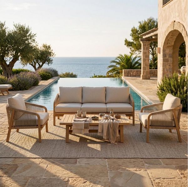 IDIMEX Gartenlounge-Set SANYA, (4-tlg), Outdoorset aus massivem Akazienholz 4-teilig mit Polstern Natur/Beige