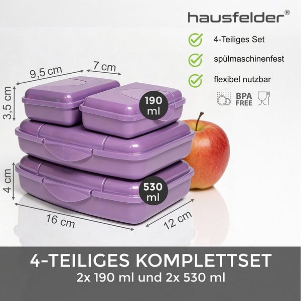 Hausfelder Lunchbox Brotdosen 4er Set flach violett, Kunststoff, (4er Set, 4-tlg, 2 große Brotdosen und 2 kleine Snackboxen), spülmaschinengeeignet, langlebig, bruchfest, BPA-frei