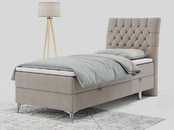 Boxspringbett MILEN, Einzelbett 90x200, Polsterbett mit Multipocket-Matratze und Topper - Beige stoff - rechts - H3