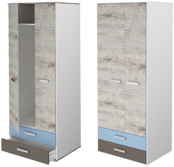 Kleiderschrank LEEDS-10 mit 2 Türen und 2 Schubkästen, Sandeiche Nb./weiß/Lava/Denim, B/H/T ca. 75,6/193,5/60,0 cm Bild 9