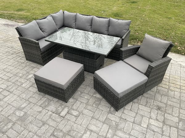 Fimous Outdoor Gartenmöbel Set aus Polyrattan mit 2 Großer Hockern Sesseln Dunkelgrau gemischt